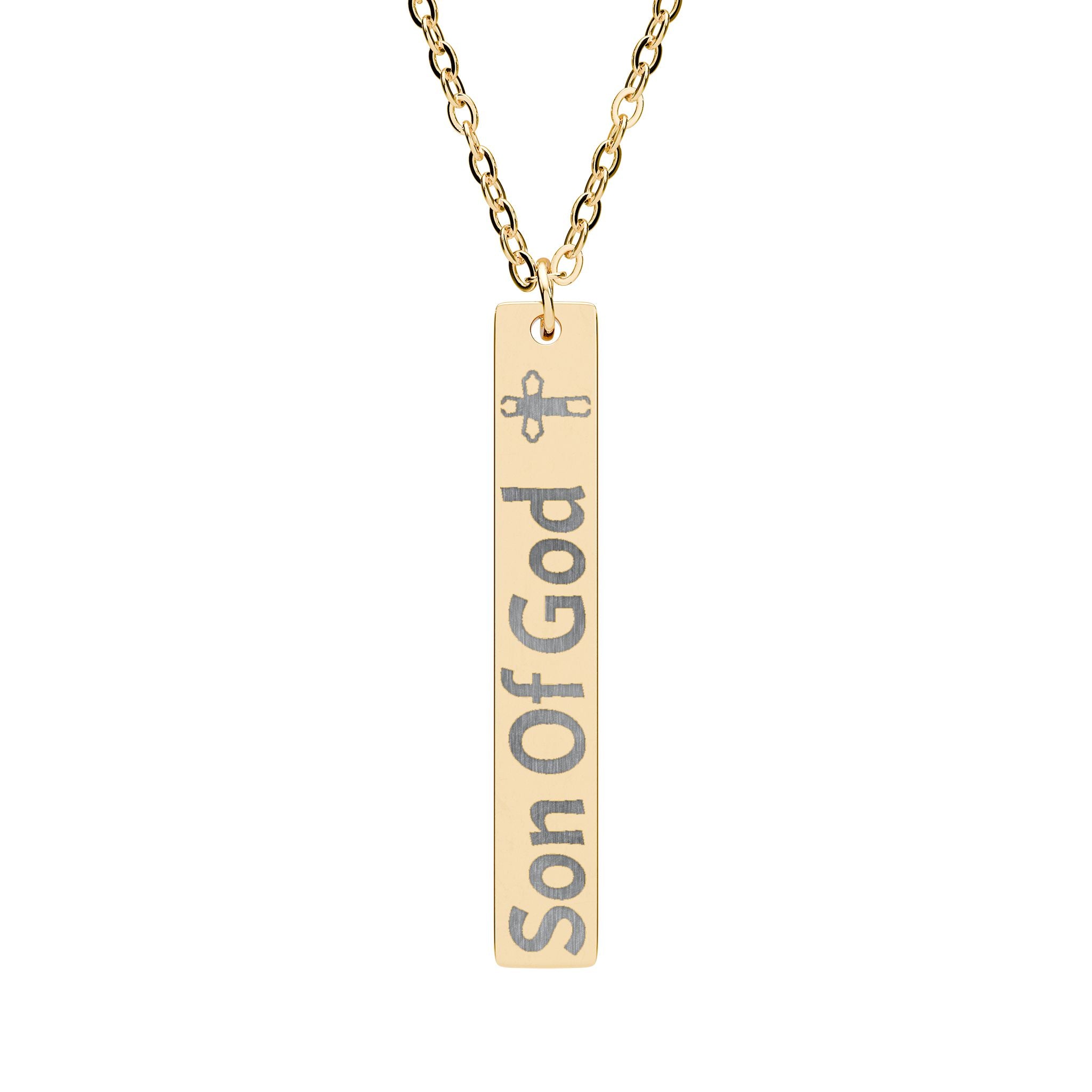 Son of God Engraved Vertical Bar Necklace — Religious Cross Pendant