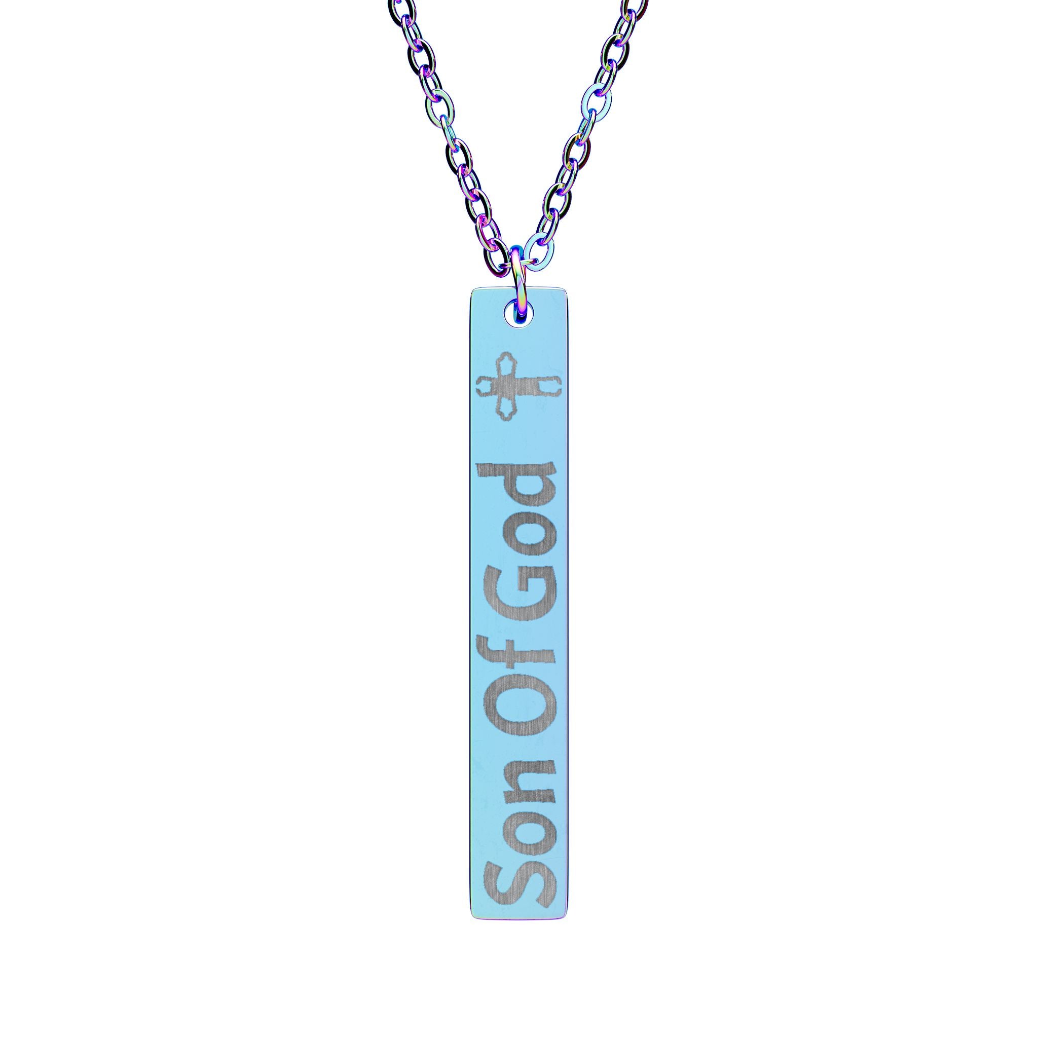 Son of God Engraved Vertical Bar Necklace — Religious Cross Pendant