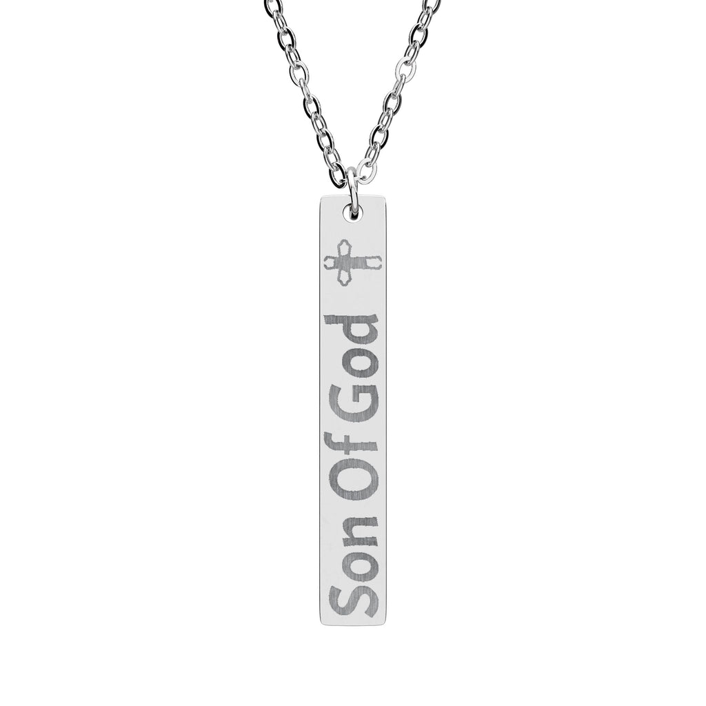 Son of God Engraved Vertical Bar Necklace — Religious Cross Pendant