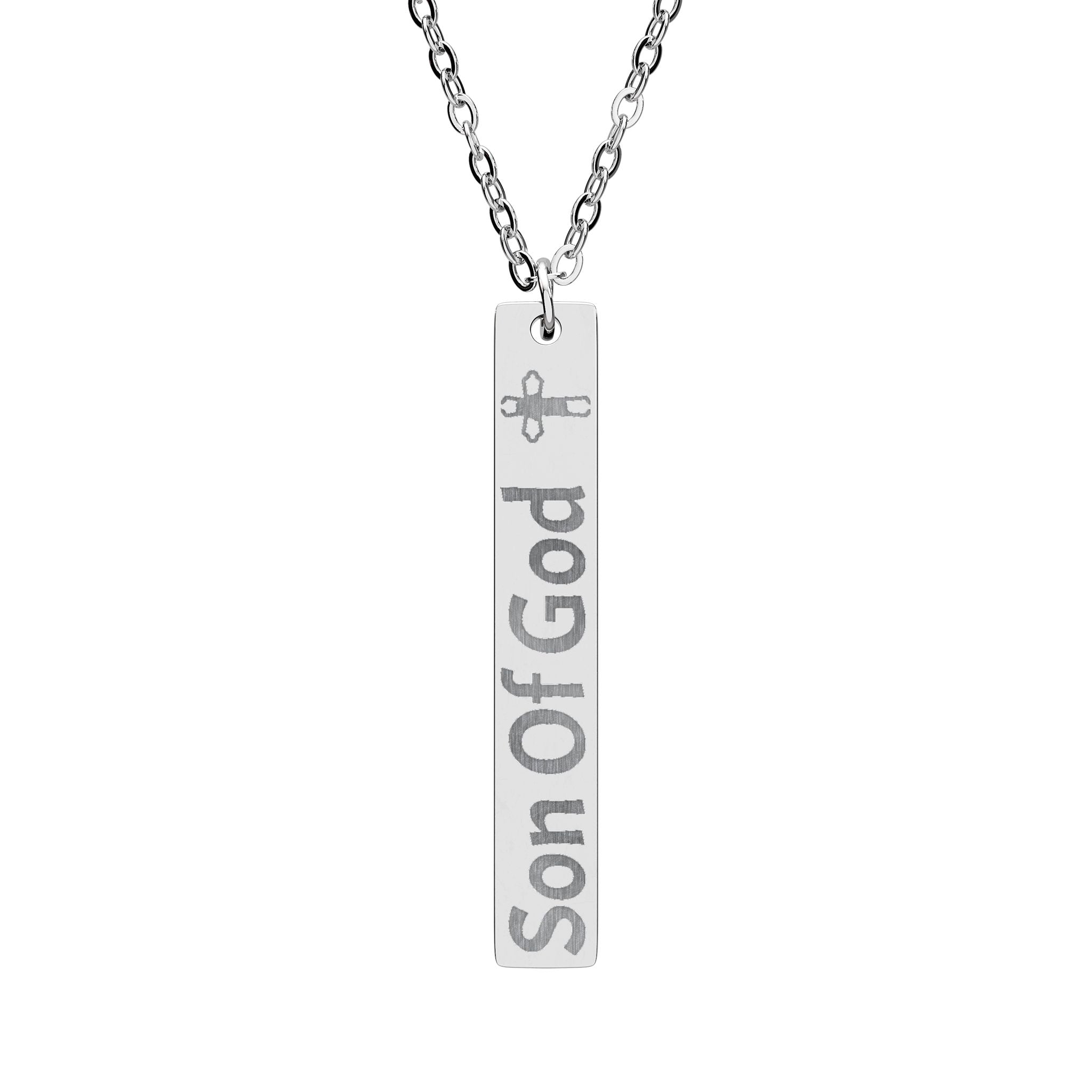 Son of God Engraved Vertical Bar Necklace — Religious Cross Pendant